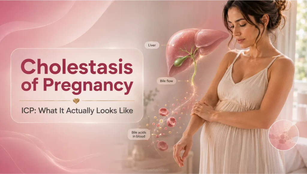 Pregnant woman experiencing unexplained itching with a subtle liver and bile acid visualization representing cholestasis of pregnancy.