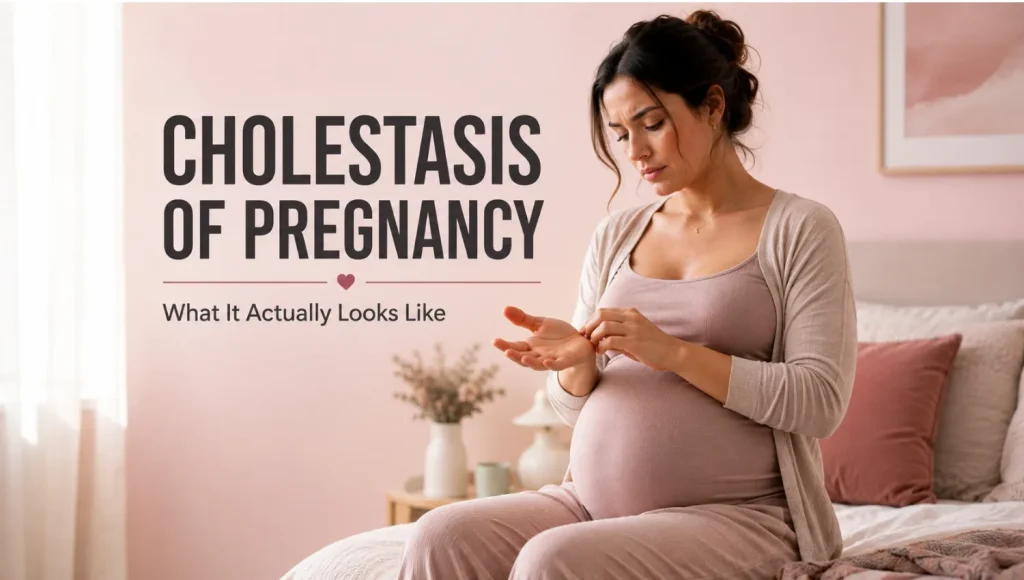 Pregnant woman gently scratching her palm while experiencing possible cholestasis of pregnancy itching