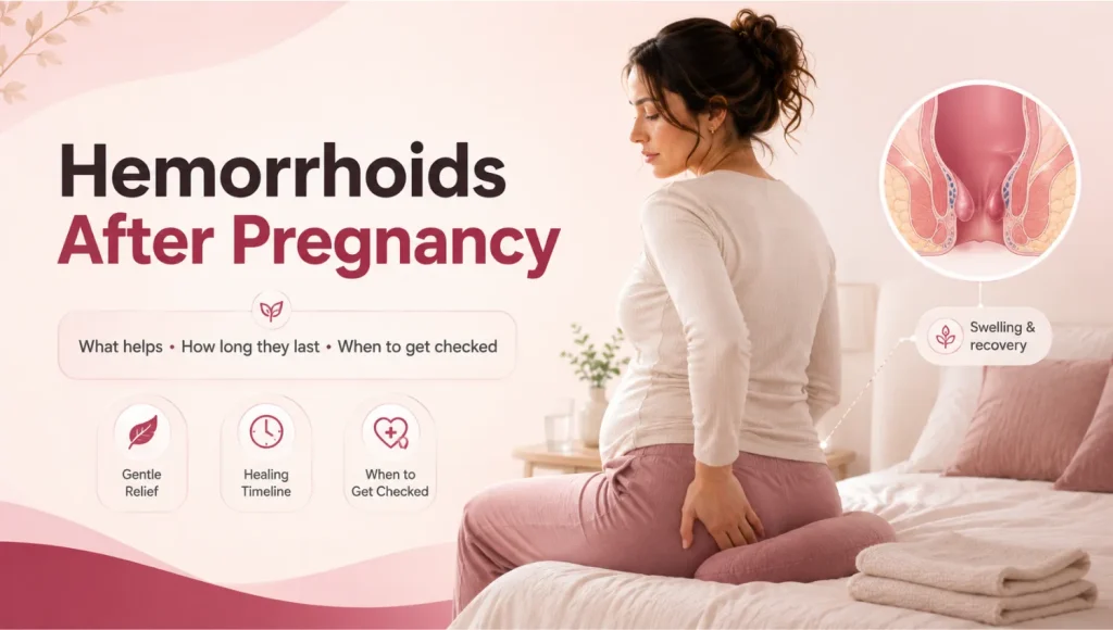 Hemorrhoids after pregnancy with a postpartum mother and gentle recovery-themed medical illustration