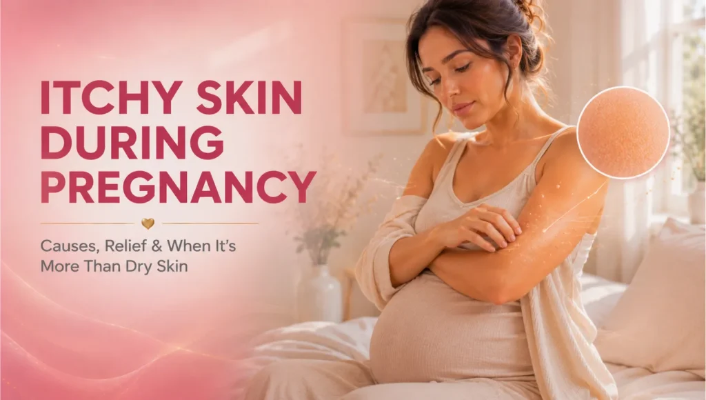 Pregnant woman gently scratching her arm while experiencing itchy skin during pregnancy.