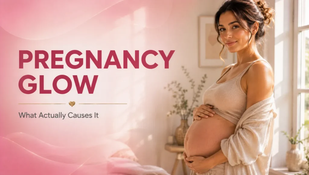 Pregnant woman with naturally radiant skin representing the pregnancy glow.