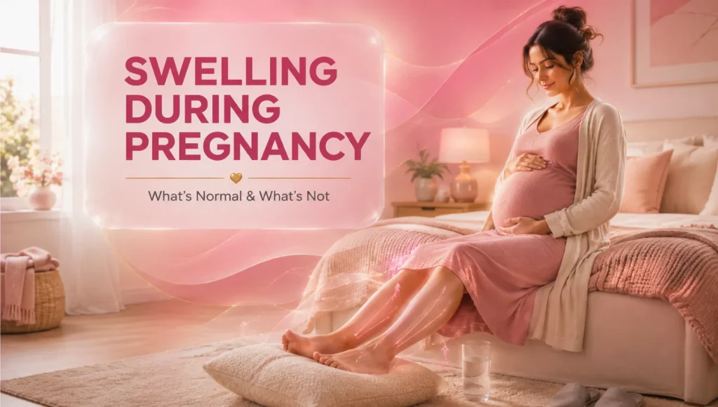 Premium pregnancy illustration showing natural swelling in the feet and ankles during late pregnancy.