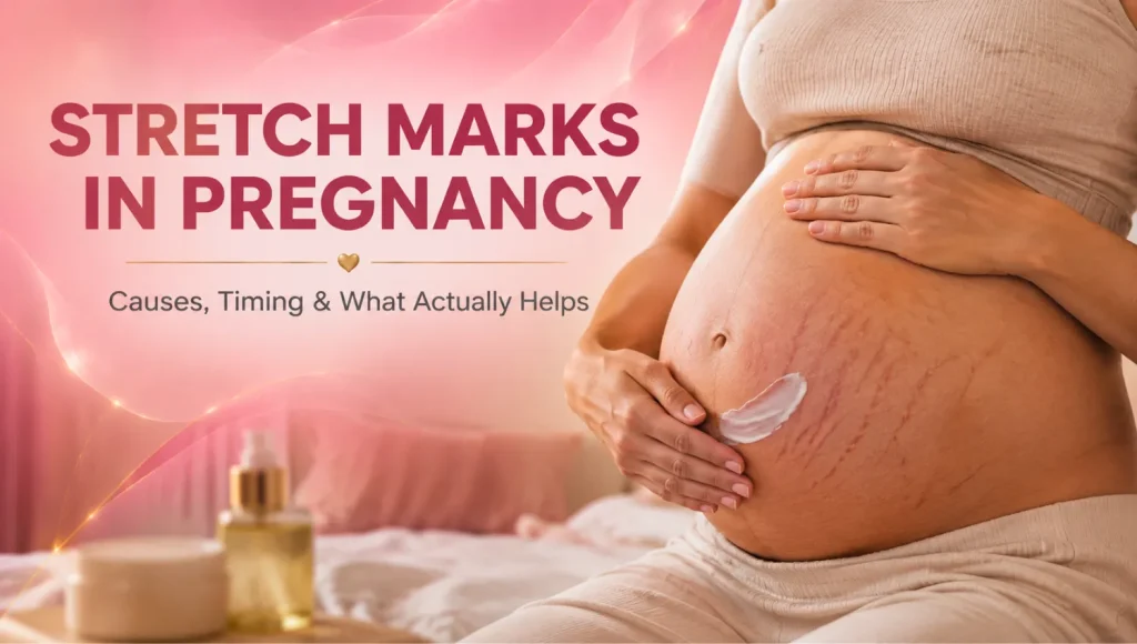 Pregnant woman with natural stretch marks applying moisturizer to her belly during pregnancy.