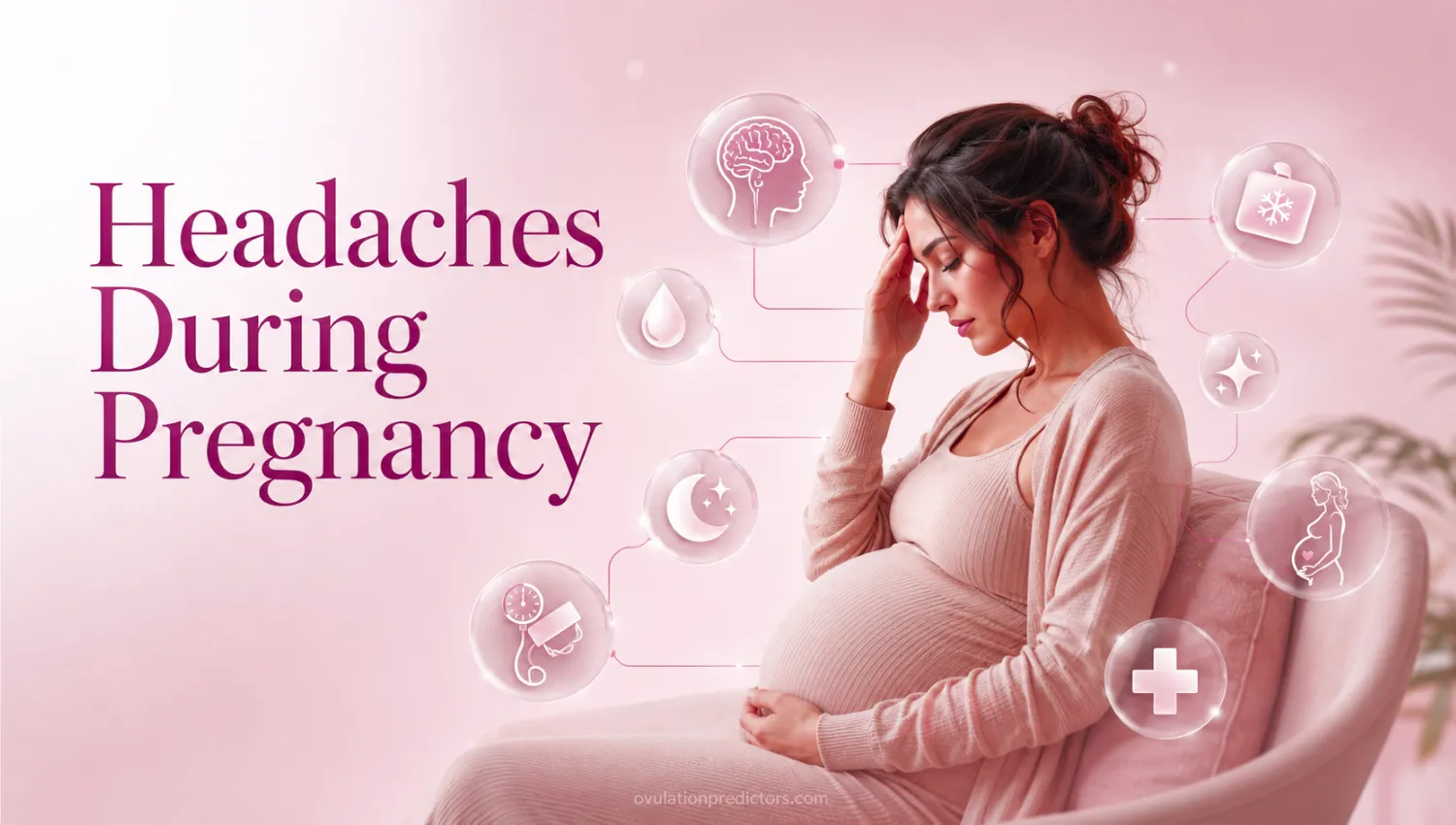 Illustration of a pregnant woman experiencing a mild headache with pregnancy wellness icons.