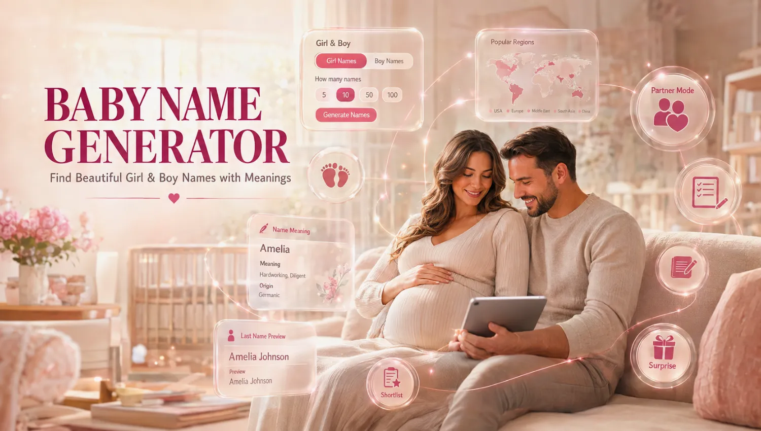 Premium editorial illustration of an expecting couple using a baby name generator to choose the perfect baby name together.